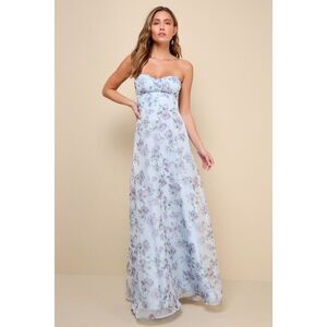 Lulus Chic Preciousness Light Blue Floral Organza Bustier Maxi Dress - Size L